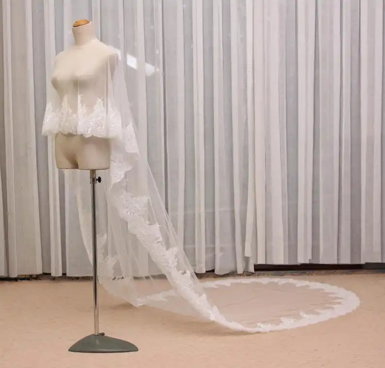 Lace Cathedral Bridal Cape Embroidered Lace Trim Cape White Tulle Wedding Overlay Wedding Jackets Wrap Veil