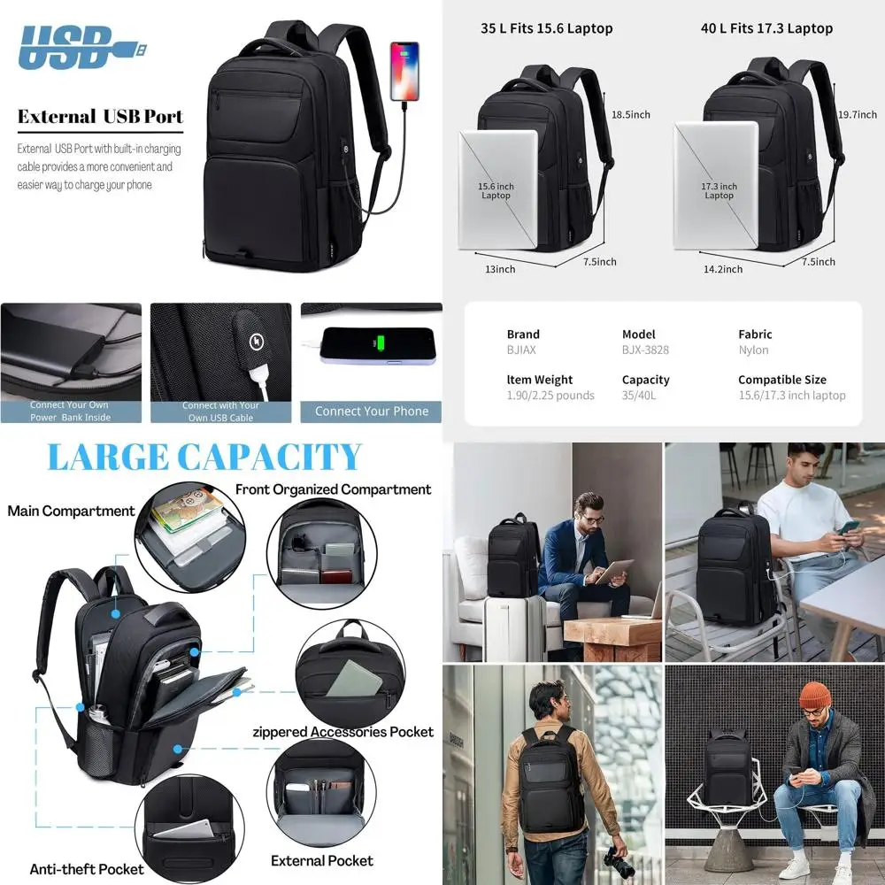 

Рюкзак для ноутбука 40 л для мужчин, с USB-портом, эргономичный, совместим с планшетами до 17,3 дюйма