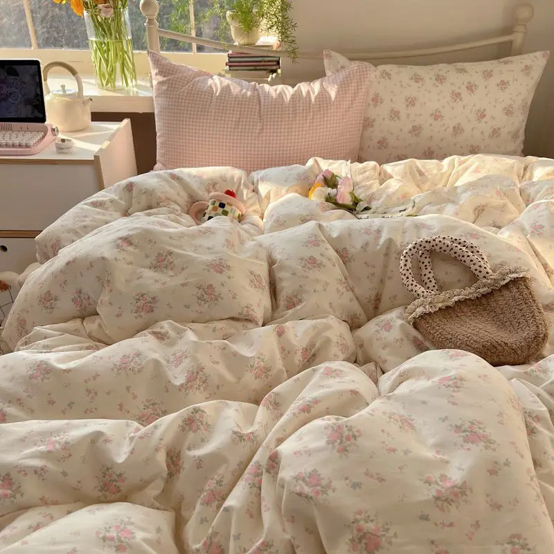 Pink Flowers Bedding Set with Duvet Cover Ins Bed Sheet Pillowcase Breathable Girls Single Twin Double Size Comforter Cover