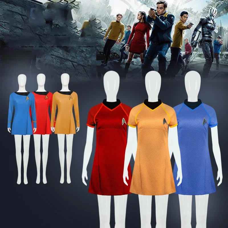 Gwiazda Cosplay Trek Duty jednolite TOS czerwona żółta niebieska sukienka kostiumy Cosplay Party Halloween dla kobiet odznaka gorąca sprzedaż