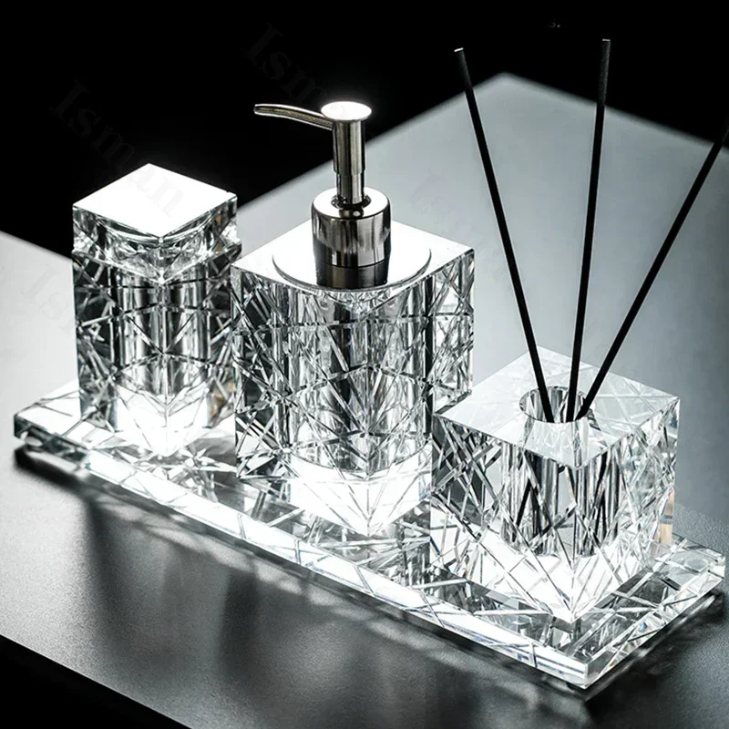 

High End Crystal Glass Bathroom Accessories Set Cutting Texture Soap Dispenser Cotton Swab Jars Decorative Tray Bathroom Decor