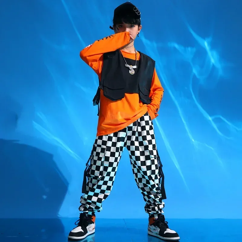 Hiphop overalls tij pak jazz hiphop dansen outfit groen oranje top vest geruite broek kostuums voor kinderen jongens meisjes