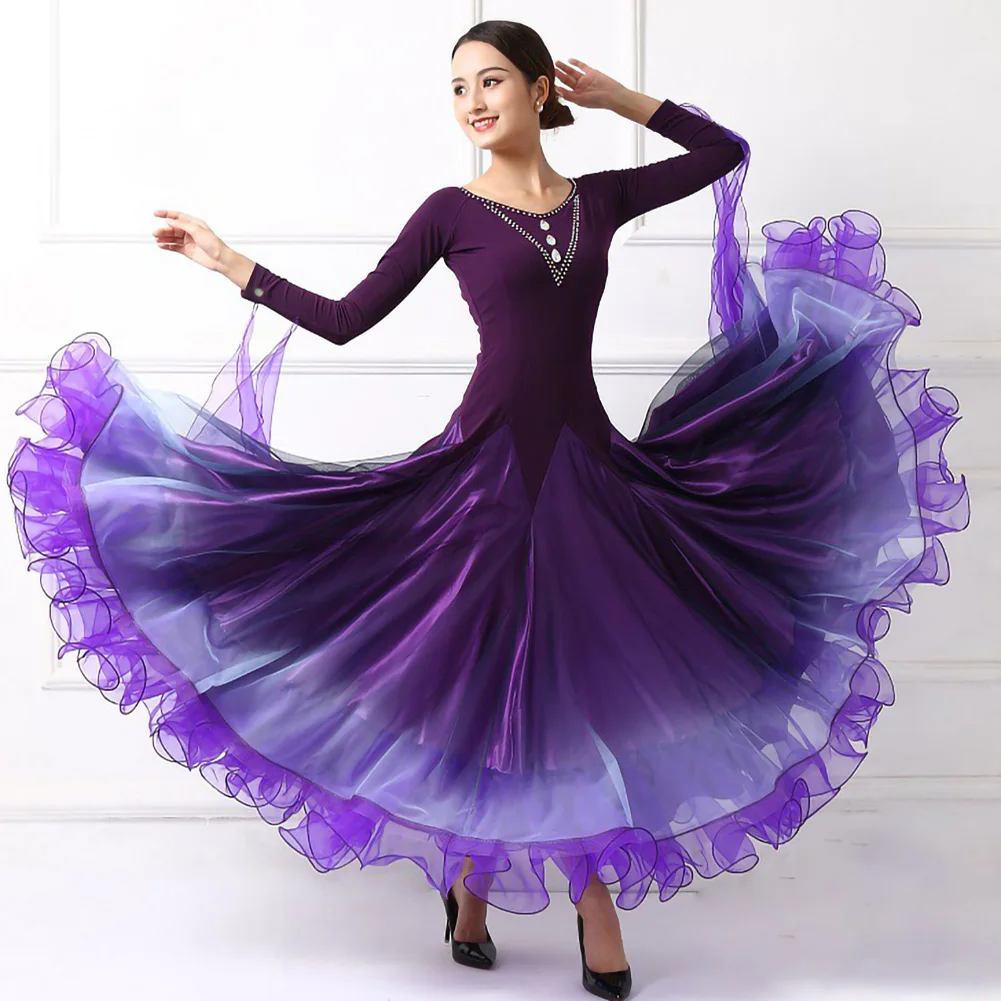 Competition Dress Ballroom Dance Dress Standard Gradient Modern Skirt With Full Skirt V-neck Rhinestones Streamers Waltz Dresses