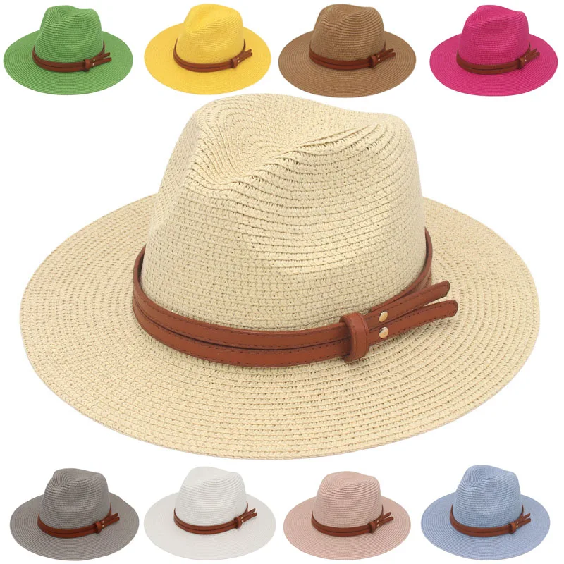 

Women Men Yellow Belt Accessories Straw Hat Panama Summer Sun Hats Trilby Gangster Cap Beach Casual Jazz Hat Travel Sunhat