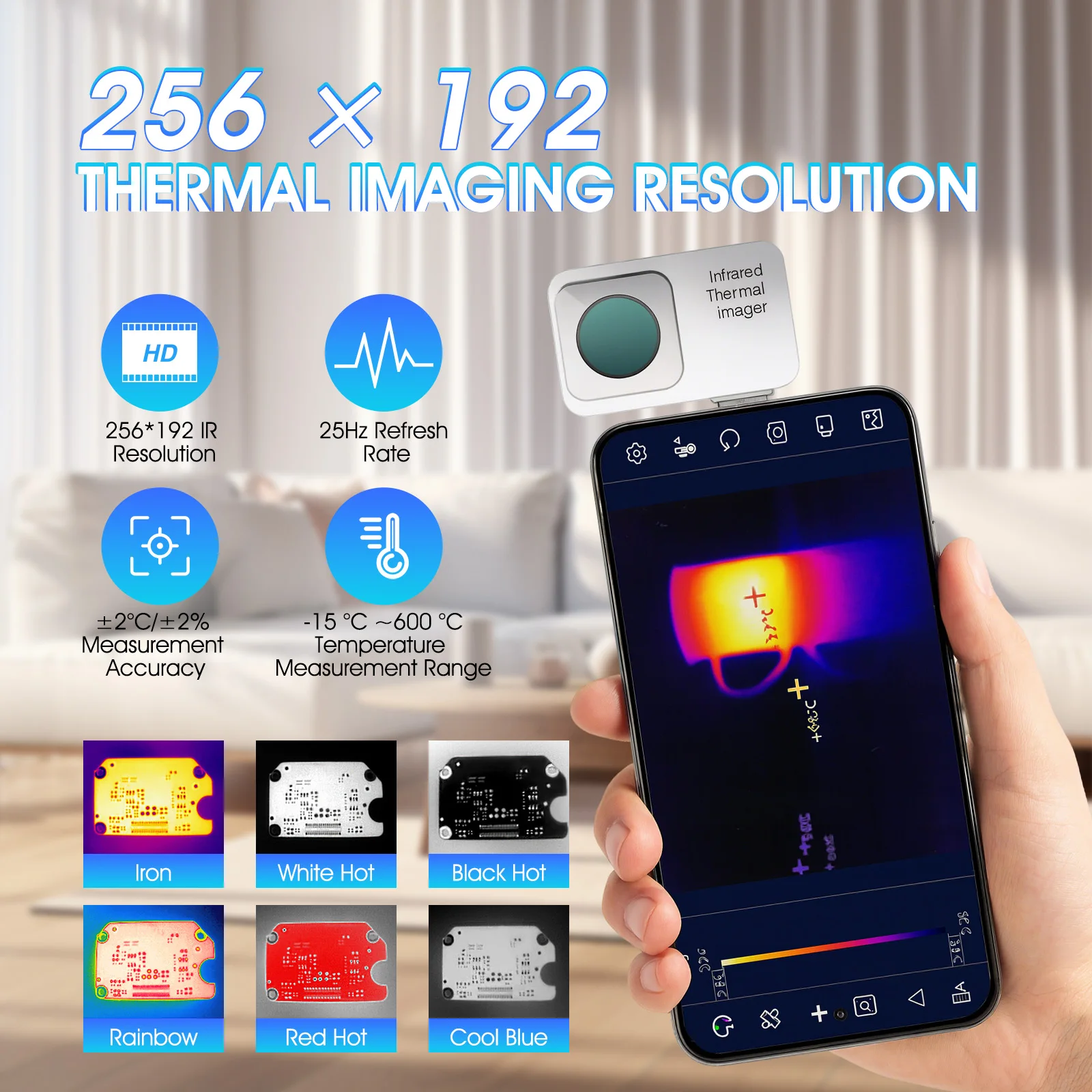 Thermal Camera for Android Smartphone, 256x192 IR Resolution Thermal Imager with -15℃ to 600℃ Wide Temp Range, 25Hz Real-Time