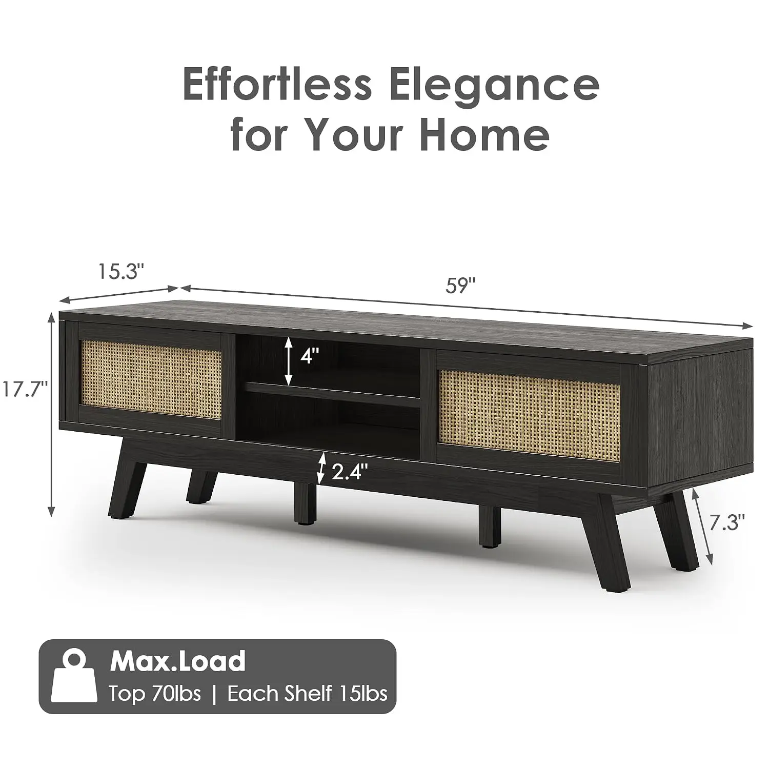 Rattan TV Stand 65 Inch, Boho Black Console Sliding Doors, Entertainment Center Storage Shelves, Mid Century Modern Media Living