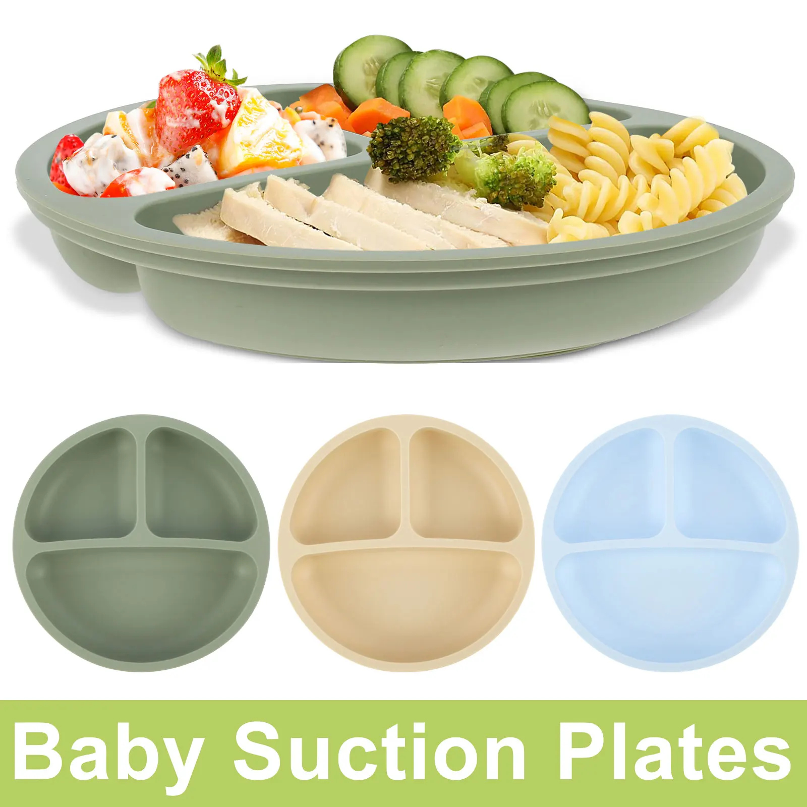 3Pcs Silicone Suction Plates for Baby Non Slip Self Feeding Training Plates Portable Toddlers Divided Plates Dishwasher and Micr