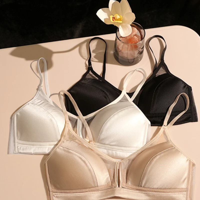 

2025 New Spring and Summer Silk Bra Ethereal Breathable Underwear Solid Color Wireless Retro Thin Not Stuffy Lingerie