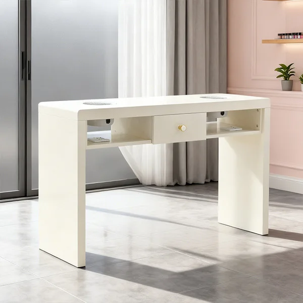 Professional Wooden Nail Bar Furniture 2 Seater White Manicure Nail Desk Table with 2 Dust Collectors and 2 Sockets