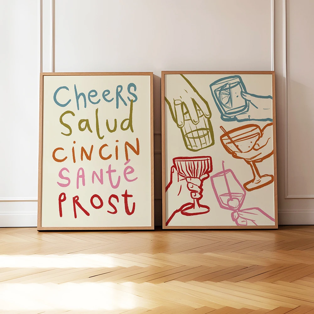 Modern Retro Colourful Cin Cin Wine Bar Cart Drink Cheers Quotes Wall Art Canvas Painting Posters For Kitchen Room Home Decor