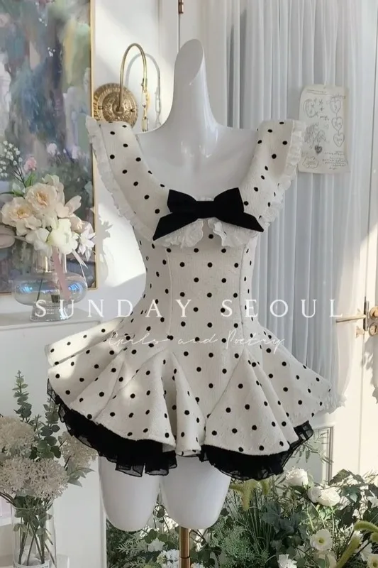 

French Women's Bow Sweet Early Spring 2025 New Patchwork Lace Short Skirt Temperament Polka Dot Cake Dress Vestidos