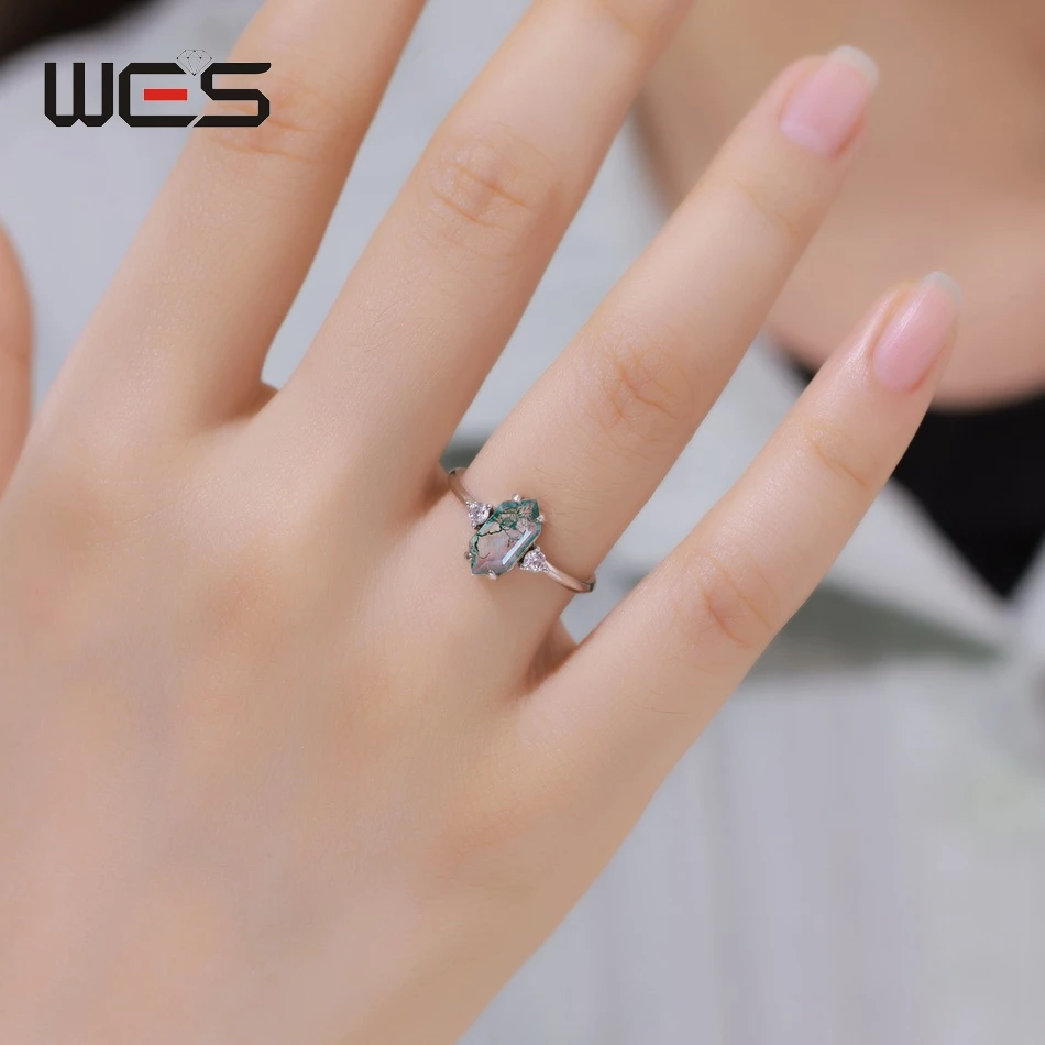 WES 100% 925 Silver Natural 5*10mm Moss Agate Gold Open Rings For Woman Geometric Engagement Gift Fine Jewelry Wholesale