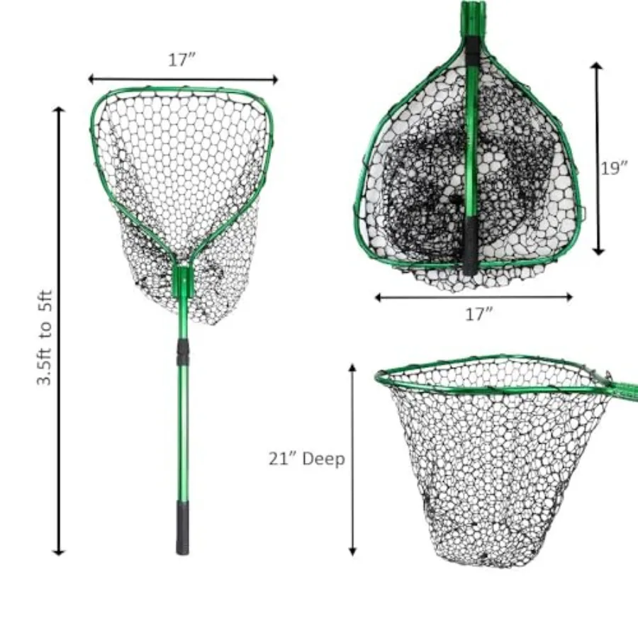 Telescopic Fishing Landing Net 3.6 5 ft — 17" x 19" Large Hoop, 21" Deep Silicone Rubber Mesh, for Freshwater and Saltwater, Gr - view 2
