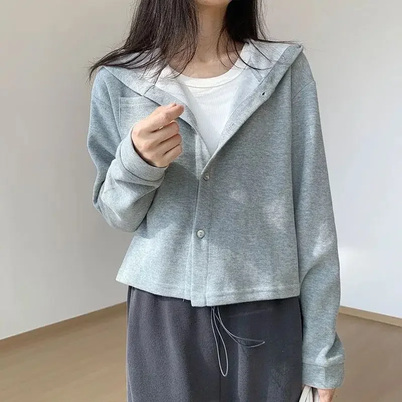 Casual Gray Short Cardigan Coats Women 2024 Korean Style Loose Long Sleeve Hoodies Woman Fashion Streetwear Pockets Purple Tops