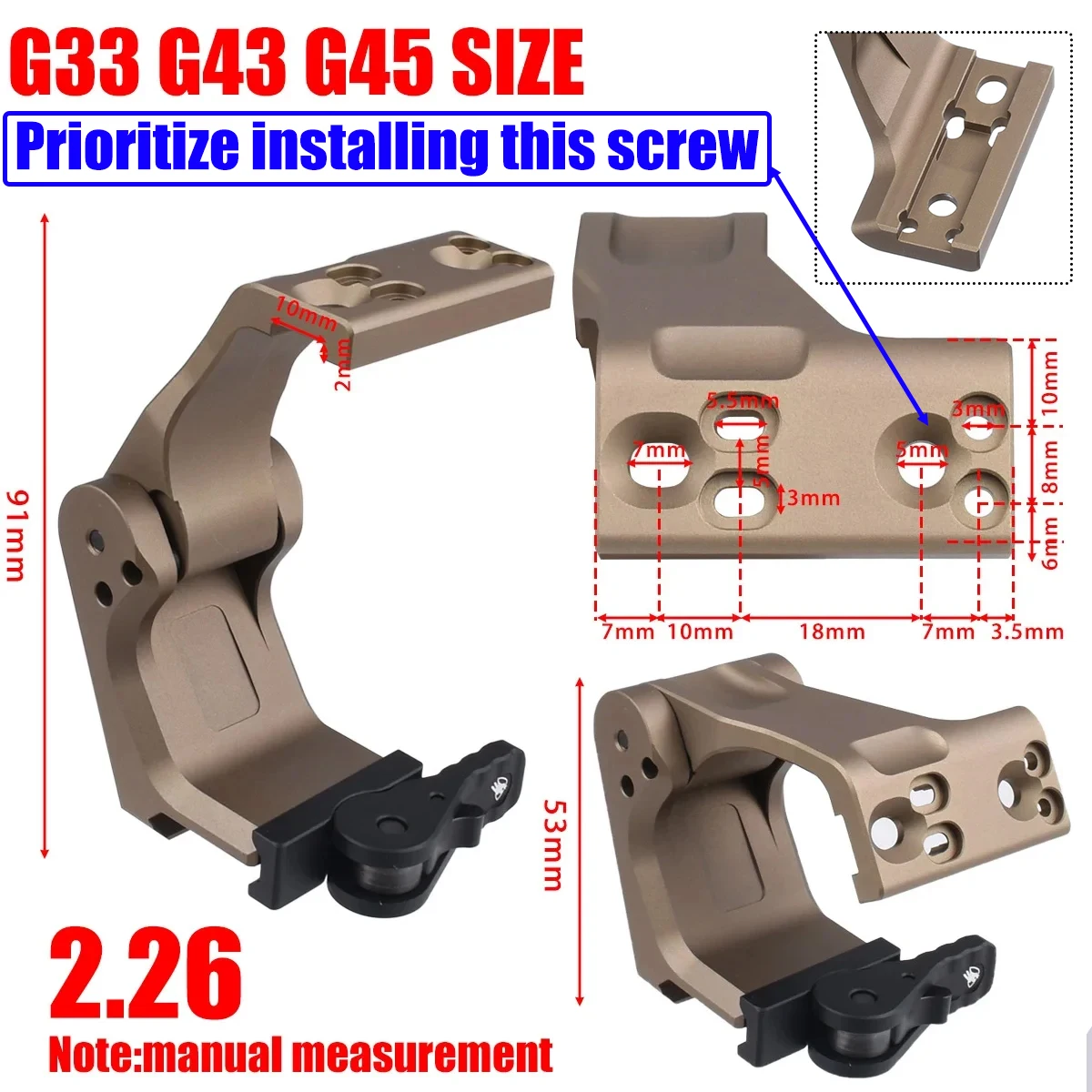 Montagens táticas da unidade 2.91 "2.26" para lupa g33 g43 t01 t02 alavanca qd rápida altura óptica ponto vermelho mira escopo caber 20mm ferroviário