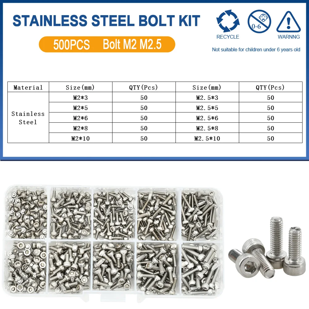 500 Stuks M2 M2.5 Kleine Schroef Bolt Kit 4mm 5mm 6mm 8mm 10mm Elektrische Schroeven Hex Hexagon Socket Cap Laptop PCB Allen Bouten Set - afbeelding 1