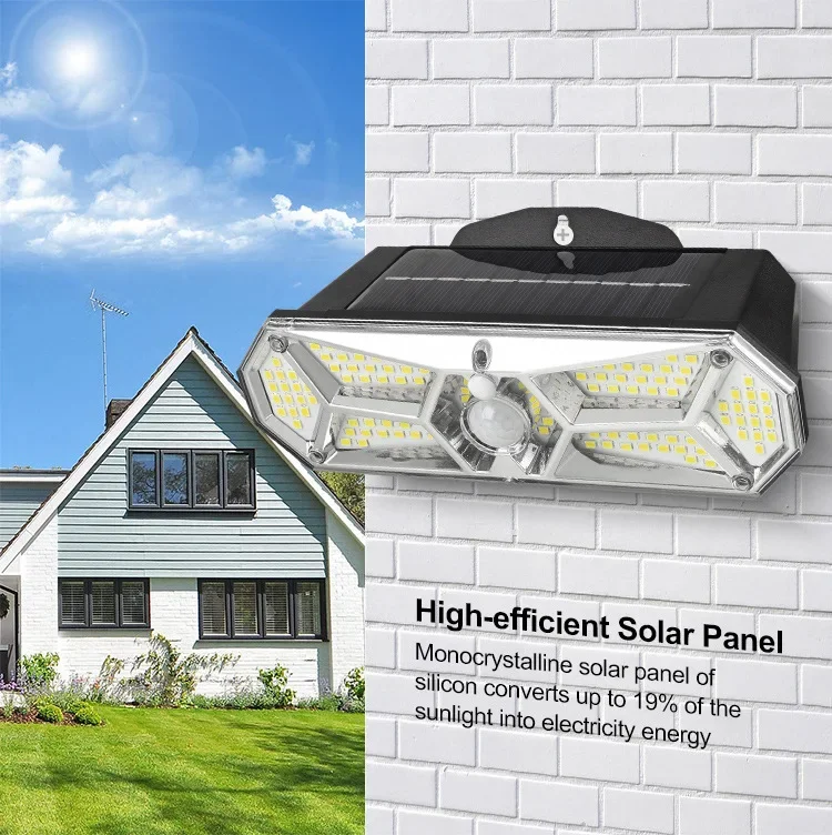 Super Bright Outdoor Solar Wall Lights, Lâmpada sem fio com 3 modos para jardim, Sensor de movimento IP65 impermeável, 126 LEDs