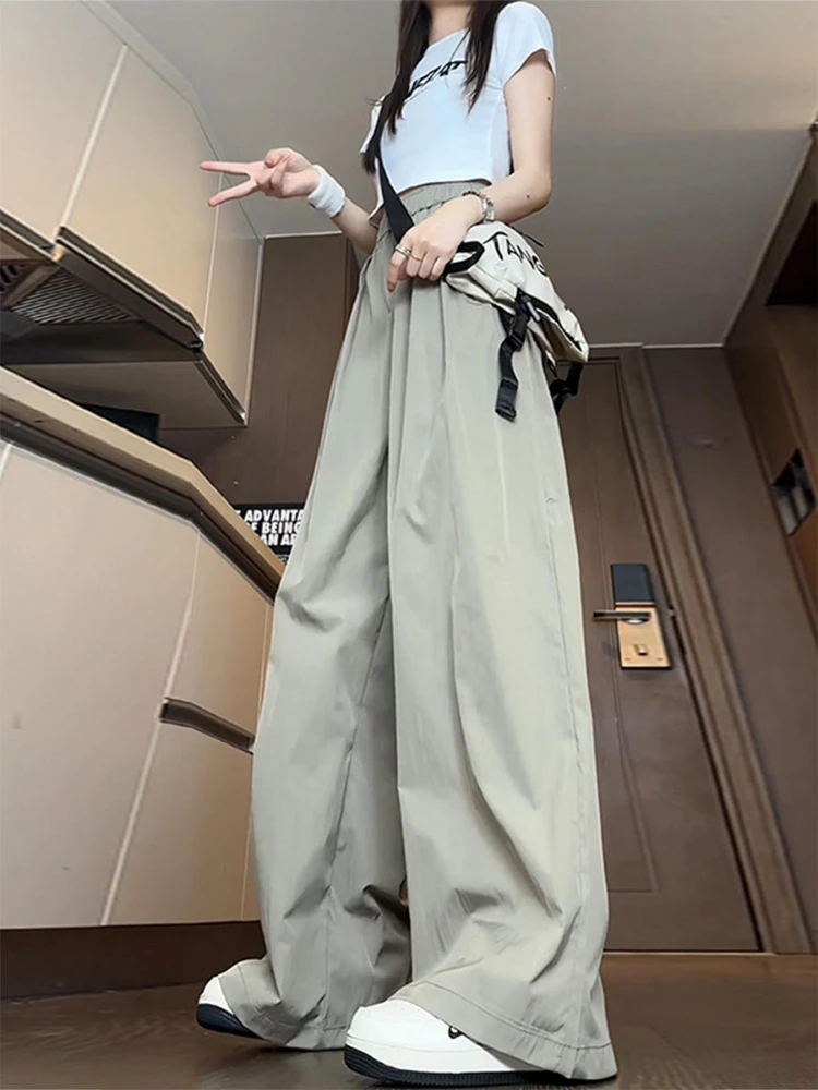 Pants Women New Summer Quick Dry Breathable Cozy Simple Fashion Korean Style Floor Length Wide Leg Straight High Waist Trousers