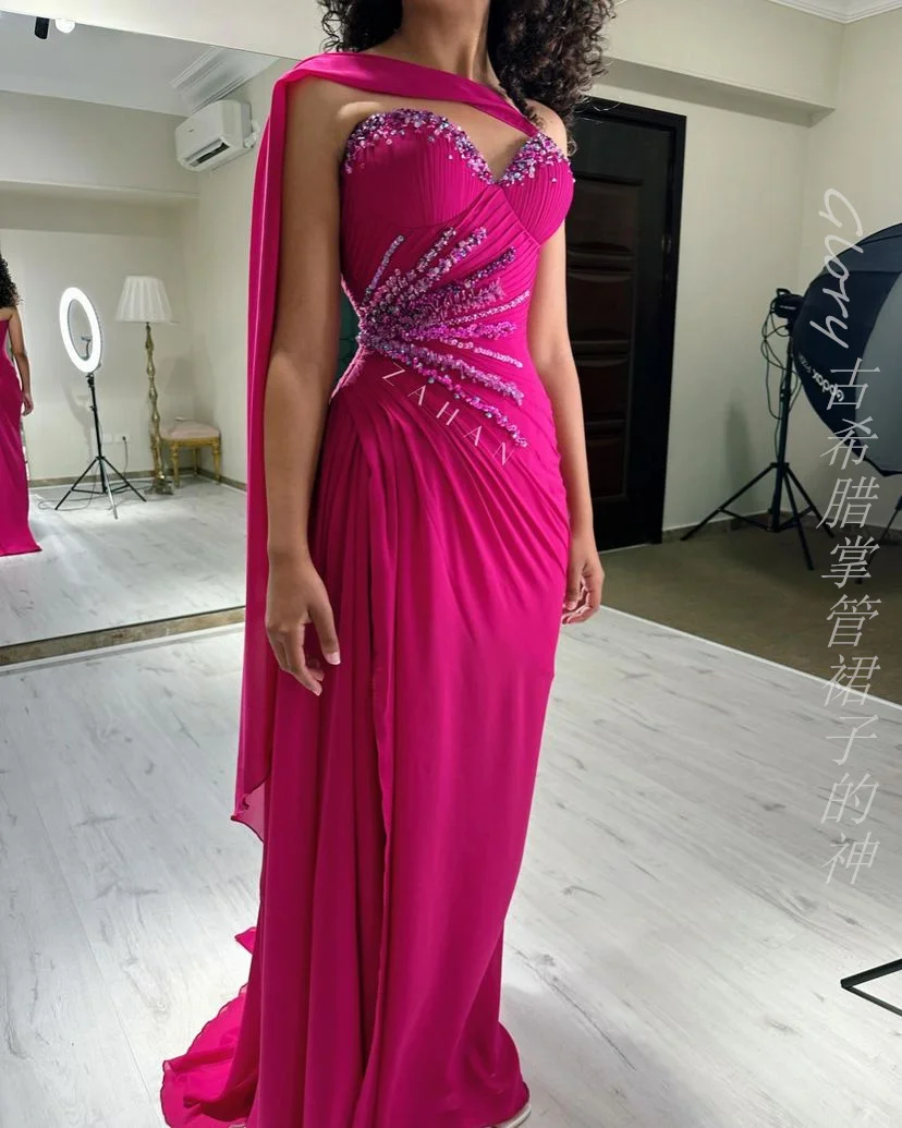 Sweetheart Prom Dresses Shawl Off Shoulder Hot Pink Evening Dress Beading Chiffon Long 2024 Formal Wedding Party Dress Gala