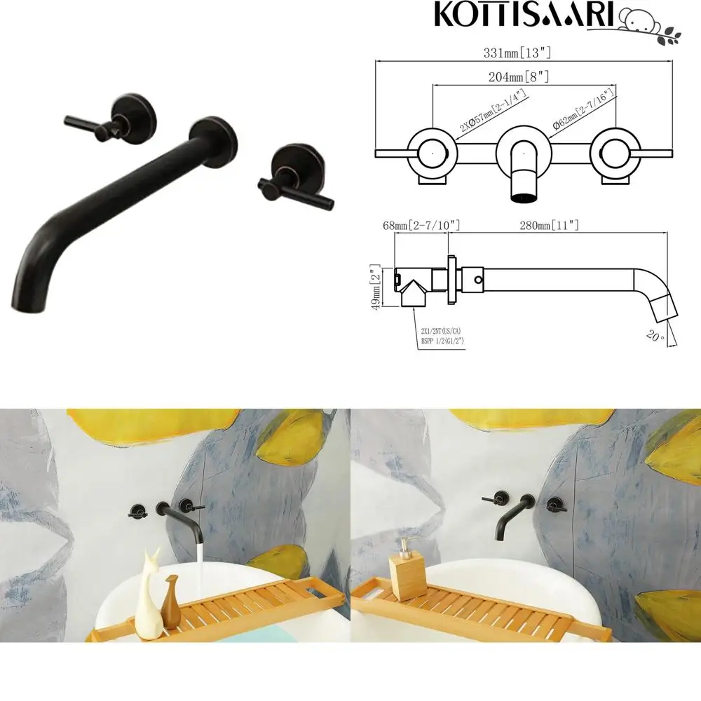 

Oil Rubbed Bronze Wall-Mounted Tub Filler with Two Handles, High Flow and Extended Spout, Brass Valve Included