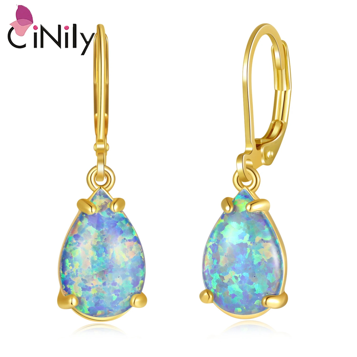 CiNily Blue&Purple Opal Hoop Earrings With Opal Stone Yellow Gold Plated Tear Drop Dangle Earring for Women Girls Summer Jewelry