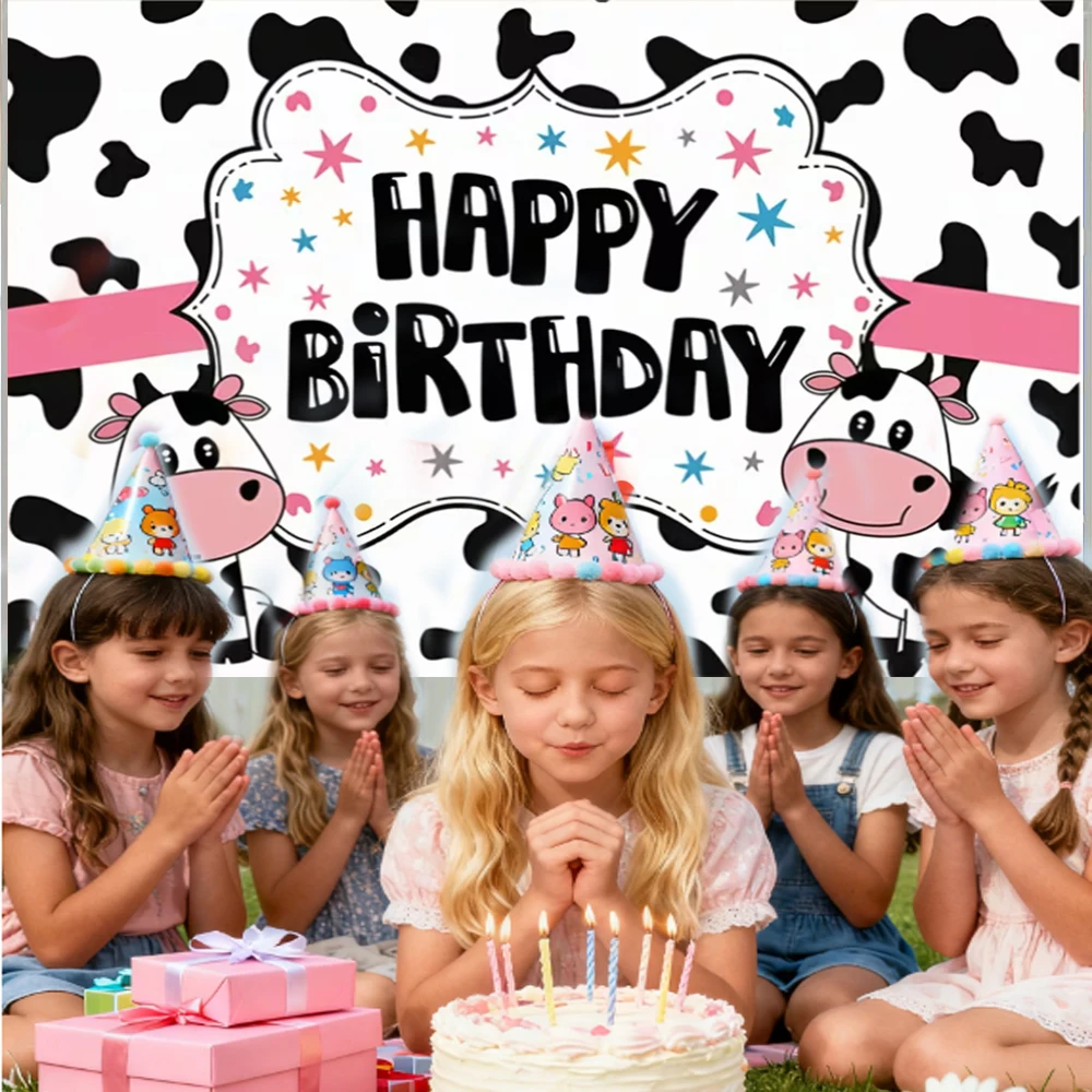 الوردي مزرعة البقرة فتاة حفلة عيد ميلاد الديكور خلفية كاوبوي أسود أبيض البقع التصوير خلفية استحمام الطفل لوازم الحفلات