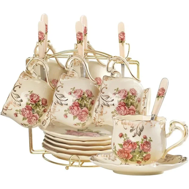 Ceramic Tea Cups and Saucers Set of 6, 200 ML Vintage Pink Rose Ivory Porcelain Coffee Cups Set with Gold Stand