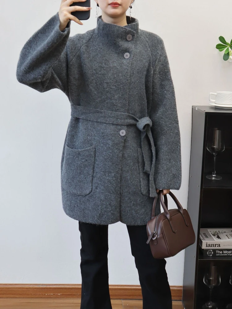 

Новый осенне-зимний новый элегантный вязаный кардиган средней длины с поясом, однотонный свободный свитер, куртка для женщин, модная женская одежда