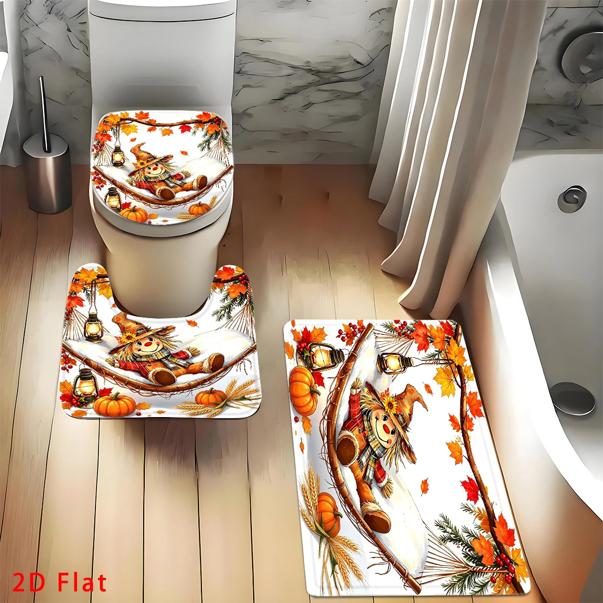 Fall Scarecrow Pumpkin Bathroom Rugs 3 Pieces Set, Cute Autumn Hammock Scarecrow Maple Leaf Wheat Pattern Non‑Slip Bath Mat U‑Shaped Rug Toilet Cover, Home Thanksgiving Decor Gift