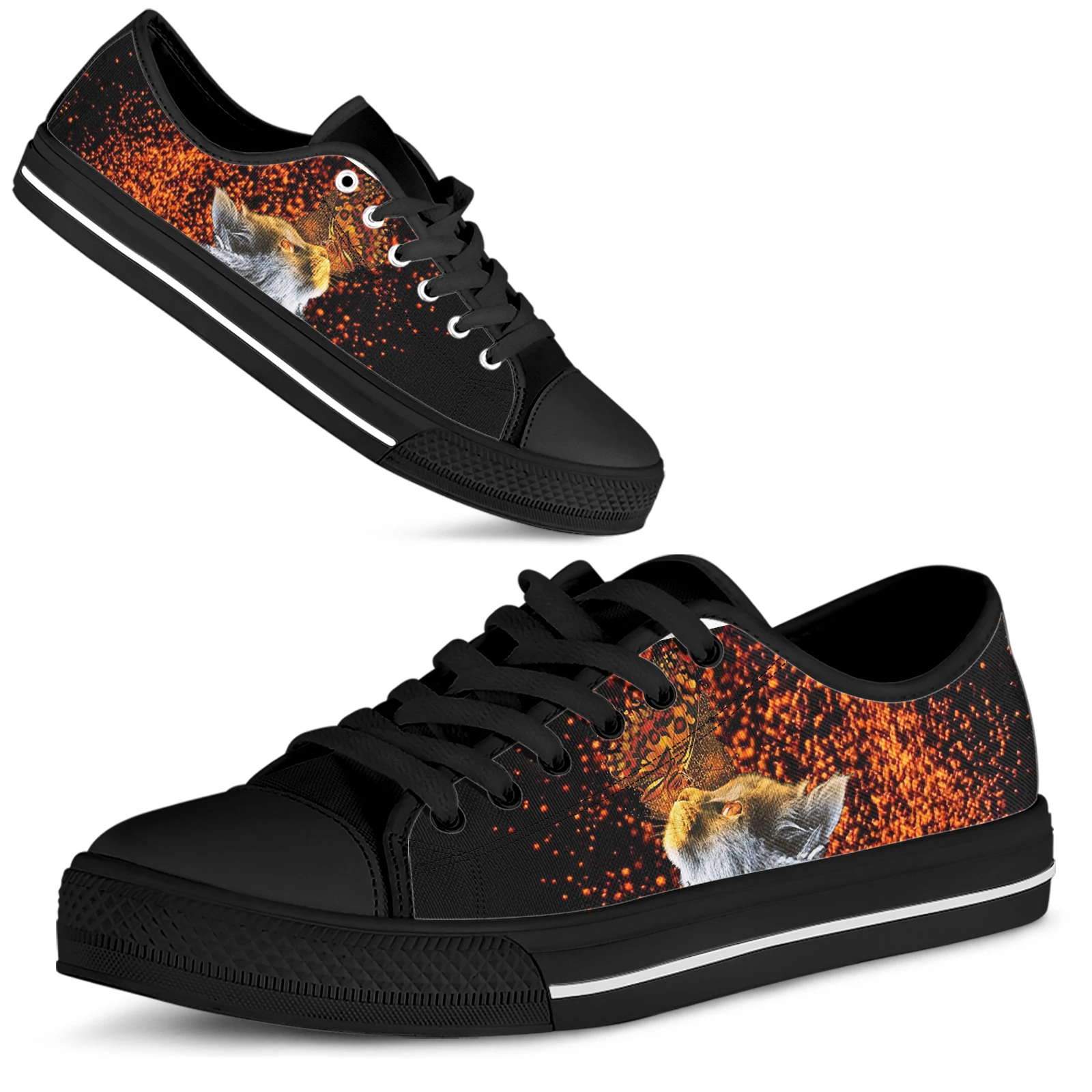 ELVISWORDS Cool Cat/kitten Design Black Lace-up Shoes Flame Design Pet Cat Gift Shoes Comfortable Outdoor Shoes Zapatos Planos