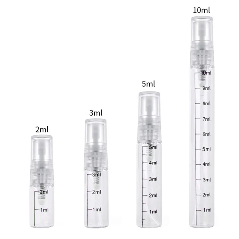 100pcs 2ml 3ml 5ml 10ml Scale Glass Bottle Spray Refillable Perfume Travel Atomizer Cosmetic Container Sample Test Vials