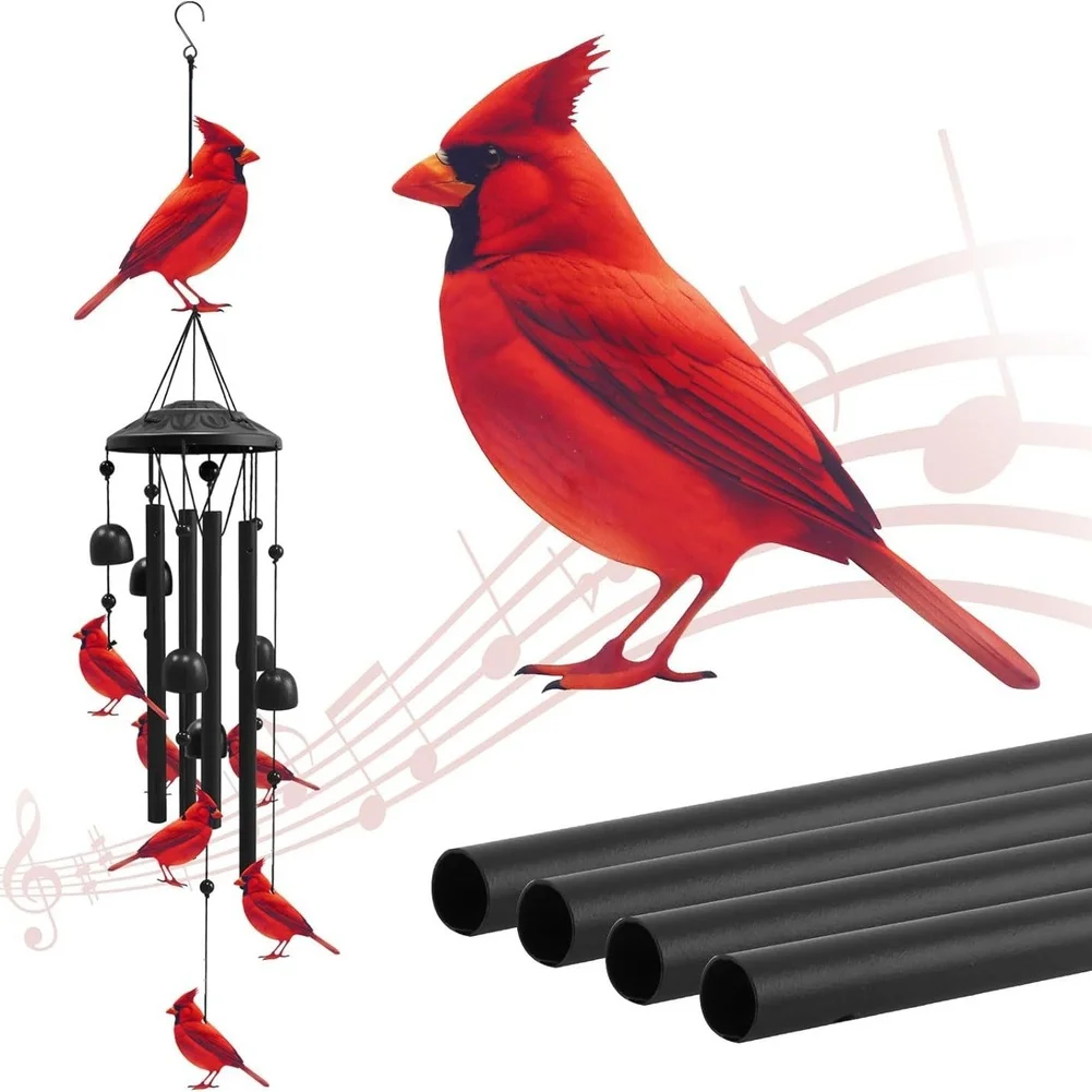 Decorative Aluminum Wind Chime with Red Bird and Hummingbird Theme Designed for Outdoor Garden and Porch Display