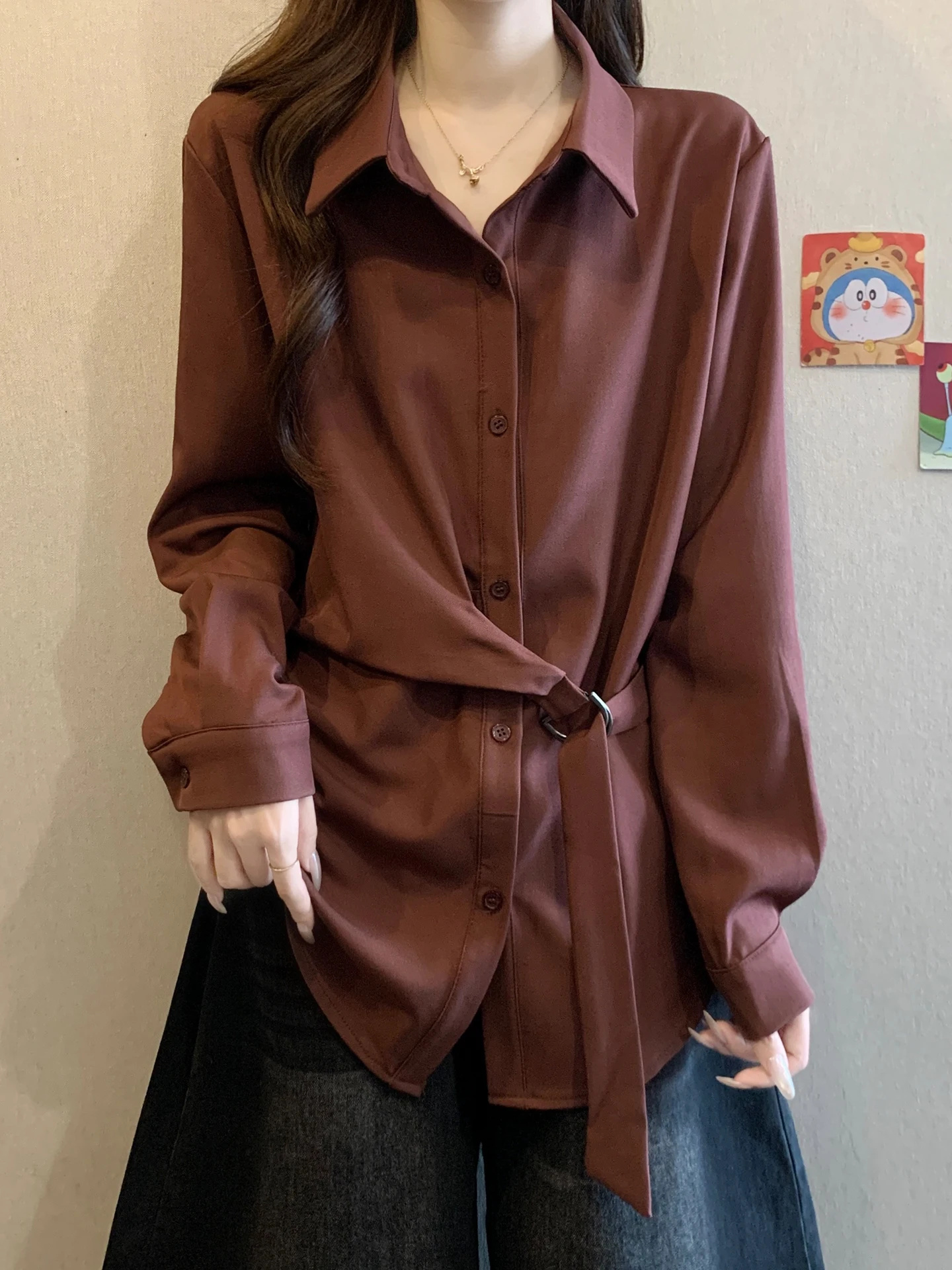 

Женская блузка Ele Long Sve, новинка весенней коллекции, больших размеров, скрывающая живот, утягивающая, базовый слой, корейский стиль, свободный крой