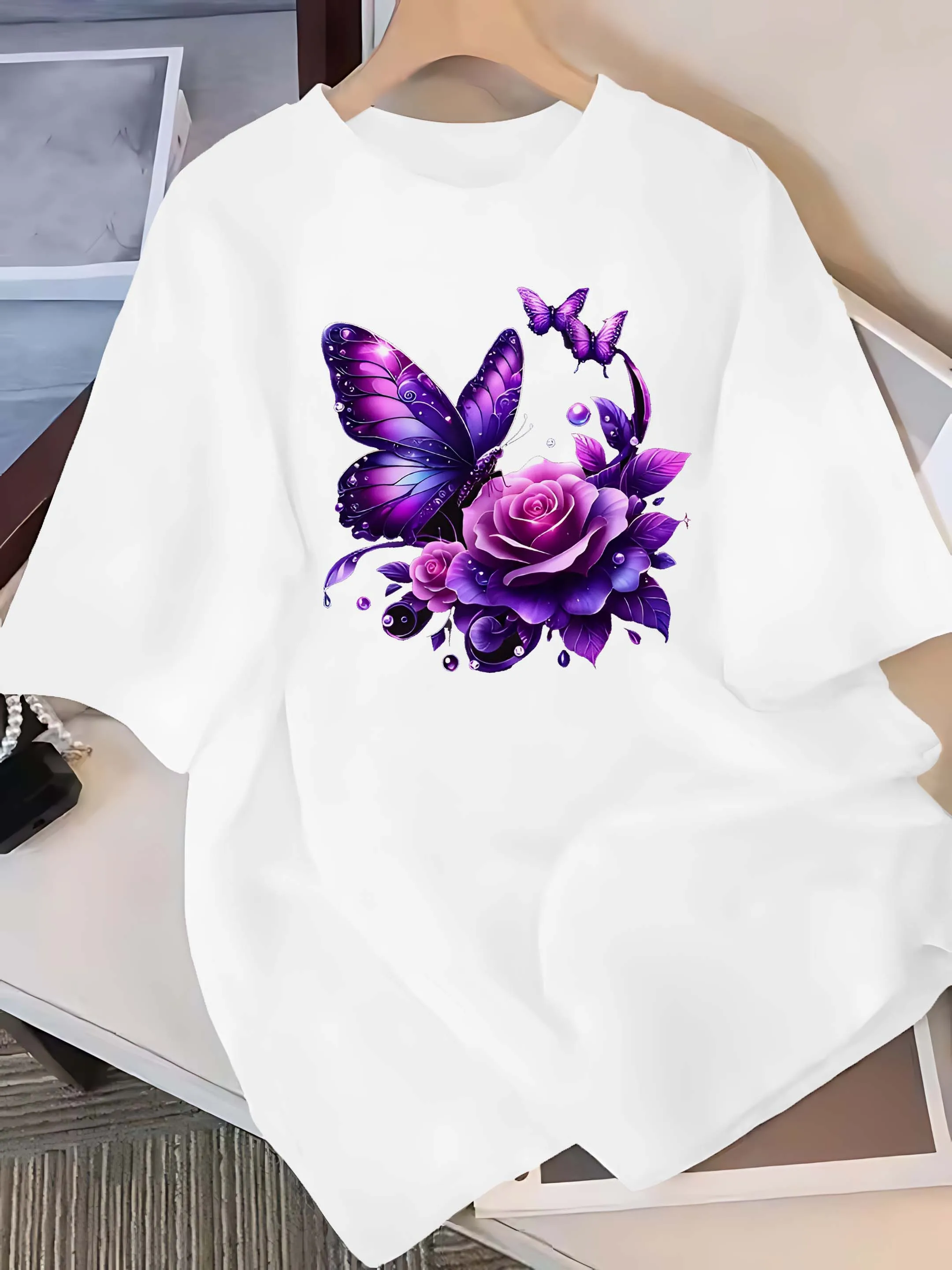

Plus Size Elegant Butterfly And Rose Floral Graphic Romantic Fashion Tee