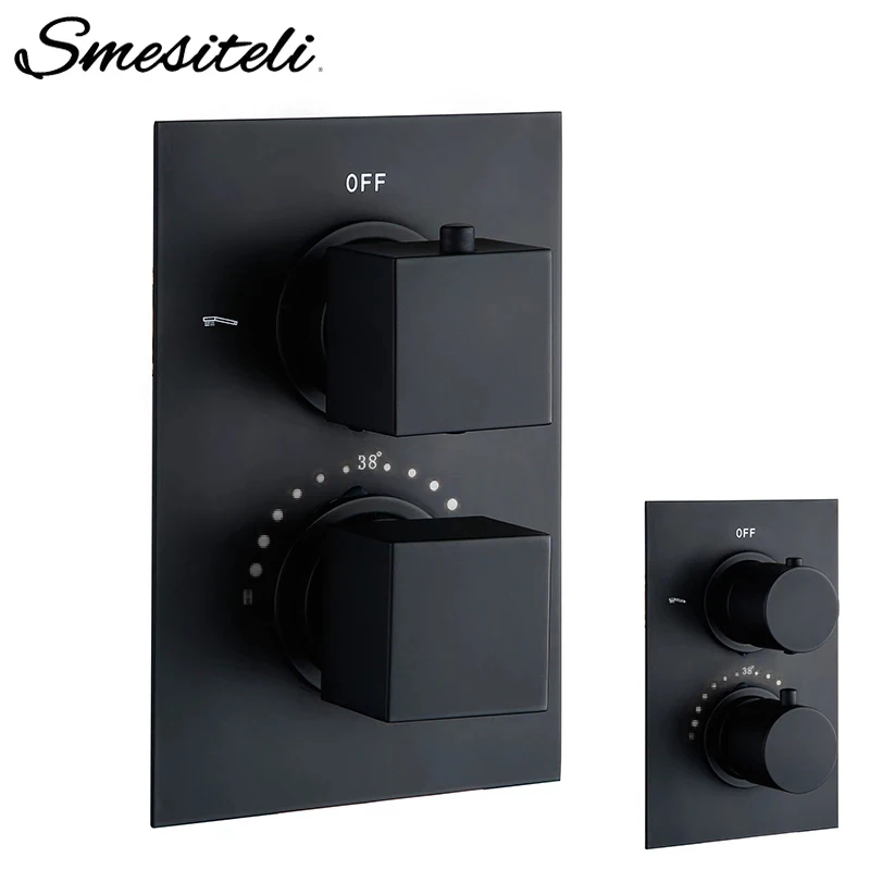 Smesiteli Bathroom Black Round Square Solid Brass Concealed Thermostatic Shower Valve Mixer Water Tap Bathroom Water Faucets