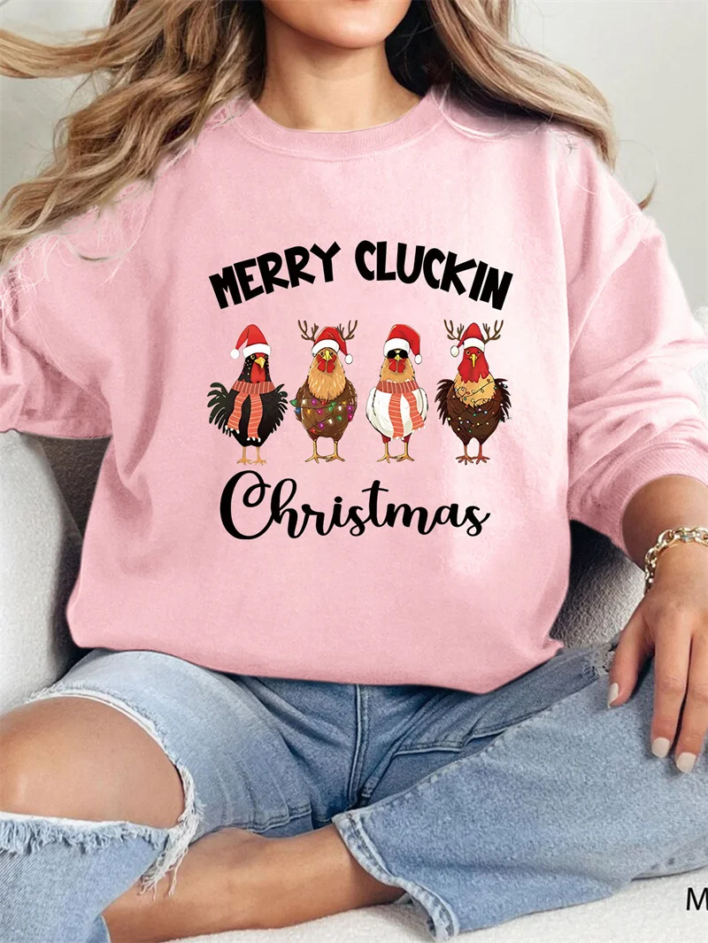 New cotton women's winter merry cluckin christmas Christmas Farm print letter casual vintage crew-neck fleece hoodie