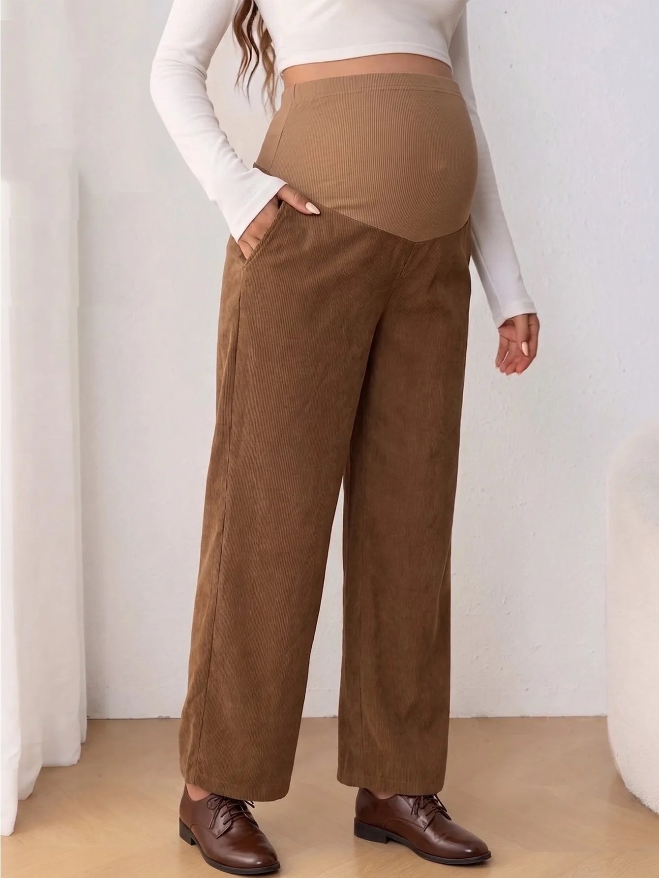 Maternity Autumn Women's Pants with Pockets Brown Corduroy Straight Pants Casual Work Maternity Pants