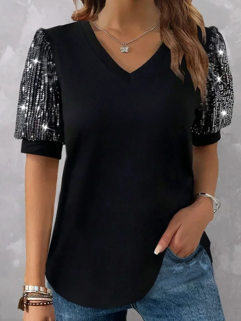 Plus Size 1XL-5XL Women\'s Color Blocking Sequin T-shirt Summer Lantern Sleeve V-neck Casual Top