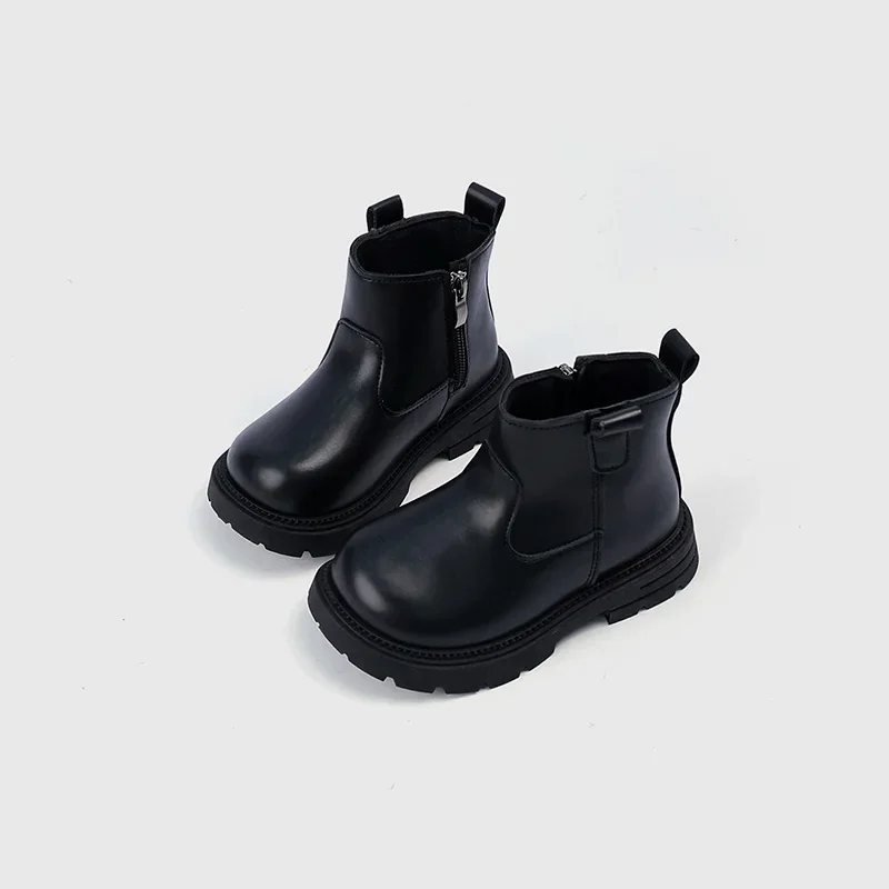 Kids Simple Ankle Boots, Glossy PU Inner Zipper Heel Pull Tab Thick Non-Slip Sole Short Boots for Boys Girls
