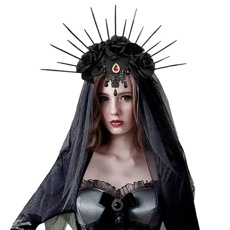 Halloween Wedding Dress Up Veil Headband Gothic Crown Mesh Black Rose Retro Europe And America Dress Up Christmas Role Play