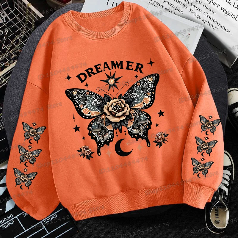 Vintage Butterfly Dreamer Fleece Sweatshirts Vrouwen Grappige Dieren Vlinder Rose Print Grafische Sportkleding Vrouwelijke Koreaanse Sweatshirt