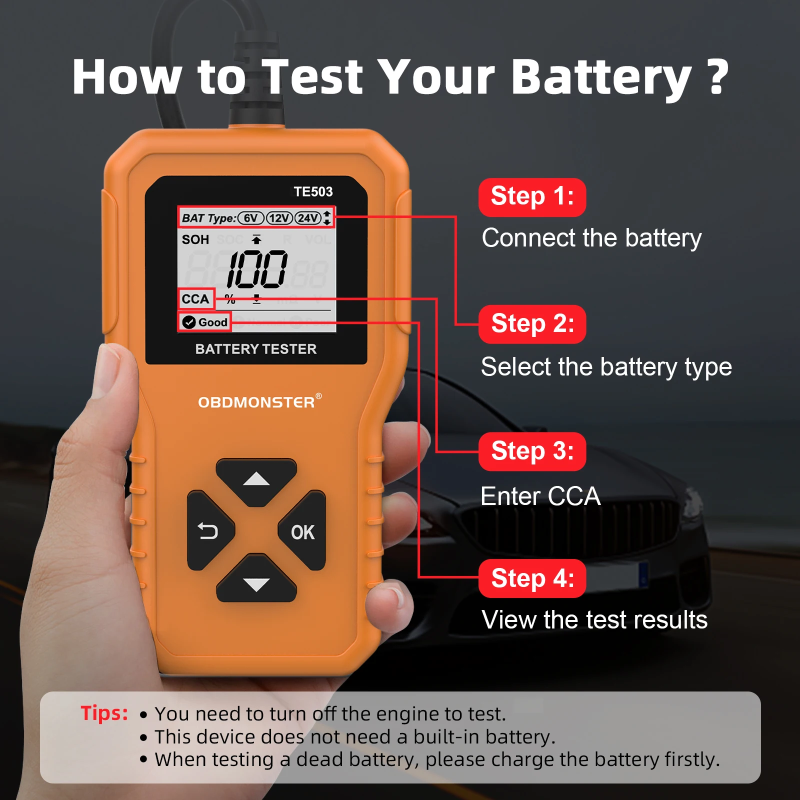 OBDMonster BM550 Car Battery Tester 6V 12V 24V 100-2000 CCA Battery System Detect Auto Battery Analyzer Car Battery Tool