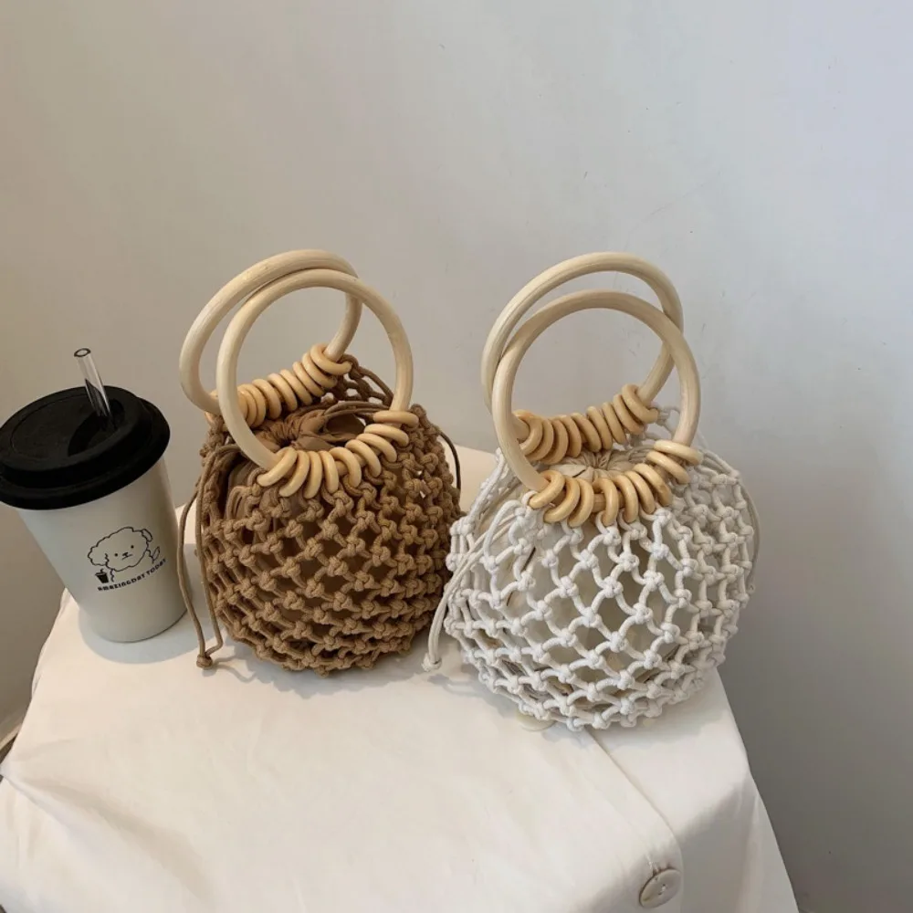 

Portable Weaving Straw Woven Handbag Handmade Korean Style Bucket Tote Bag Elegant Solid Color Woman Wrist Pack Lady