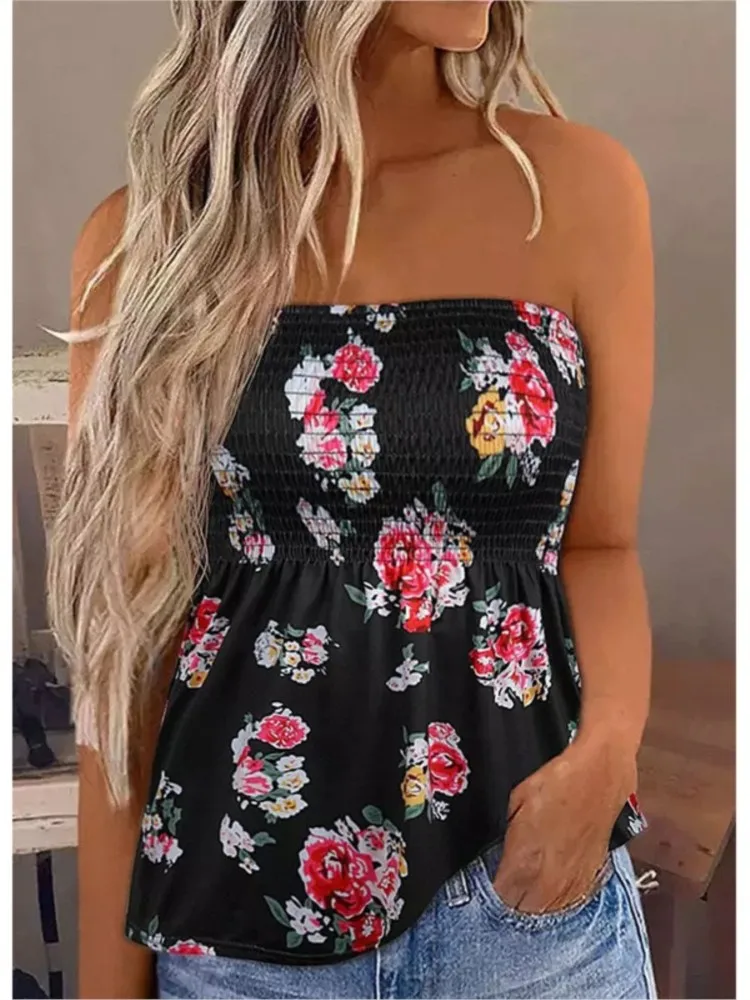 Ladies Tube Tops Off Shoulder Sexy Sleeveless Summer 2024 New Printing T-shirts Vintage Casual Slim Women's Clothing Streetwear