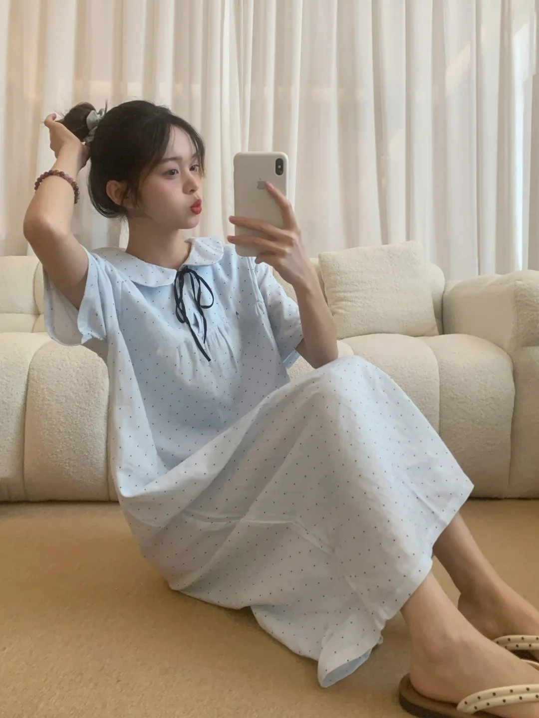 

Double Layer Cotton Gauze Baby Sleepwear Women's Style Summer Home Clothes Long Sleep Skirt Sweet Cute Style Short Sleeve