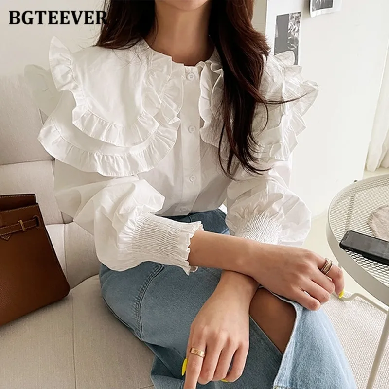 

BGTEEVER Elegant Double Ruffles Collar Women Cotton Shirts Spring Fashion Loose Full Sleeve Single-breasted Female Blouses Tops