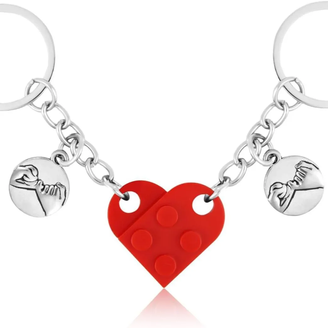 2Pcs Love Heart Building Block Keychains for Couple Separable Love Heart Brick Key Ring with Promise Pendant Friendship Gift