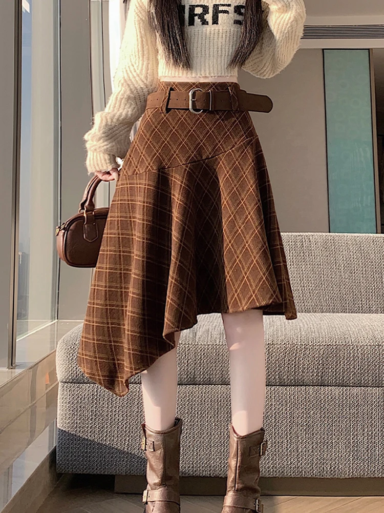 

Женские модные винтажные клетчатые шерстяные юбки нестандартной формы для женщин, осенне-зимние юбки средней длины с высокой талией и поясом