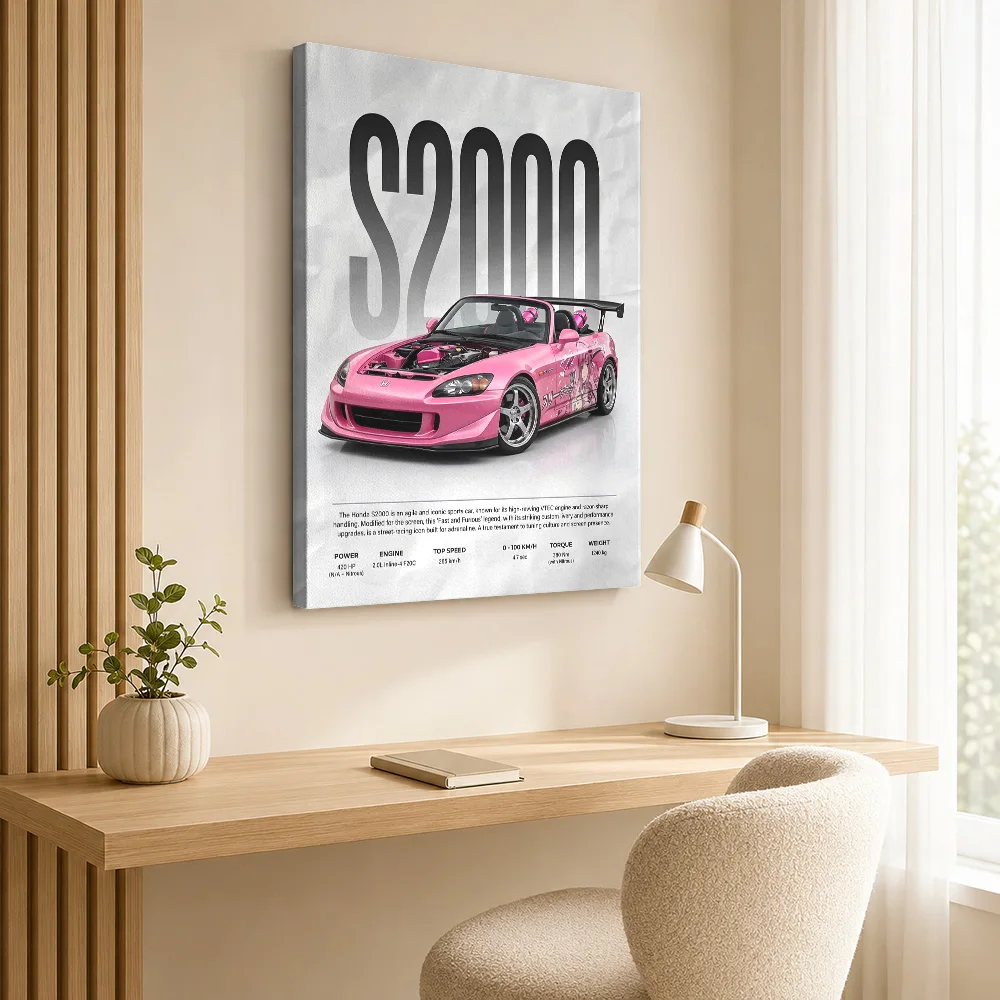 Sleek Pink Sports S2000 car Canvas Poster Personalized Retro Automotive Wall Paintings Decoration for Game Room Ready to Hang