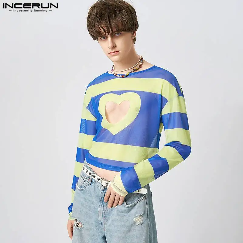 INCERUN Tops 2023 American Style New Men\'s Hollowed-out Love Pattern Camiseta Fashion Casual Printed Long-sleeved T-shirts S-5XL